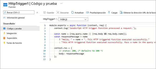 Captura de pantalla del panel Code + Test (Código y prueba), en el que se muestra el código predeterminado para la plantilla de función de desencadenador de HTTP.