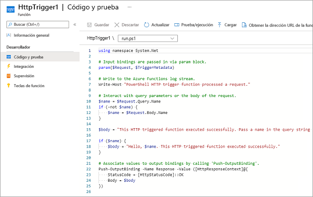 Captura de pantalla del panel Code + Test (Código y prueba), en el que se muestra el código predeterminado para la plantilla de función de desencadenador de HTTP.