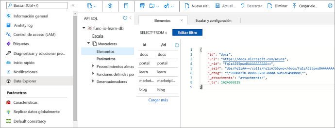 Captura de pantalla de datos de API de SQL que muestran la colección de elementos en el contenedor Bookmarks de func-io-learn-db.