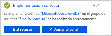 Captura de pantalla de una notificación de que la implementación de la cuenta de base de datos esté completada.