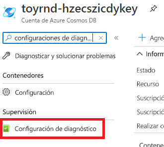 Screenshot of the Azure portal interface for the Azure Cosmos DB account, showing the search field with 'Diagnostic settings' entered and the 'Diagnostic settings' menu item highlighted.