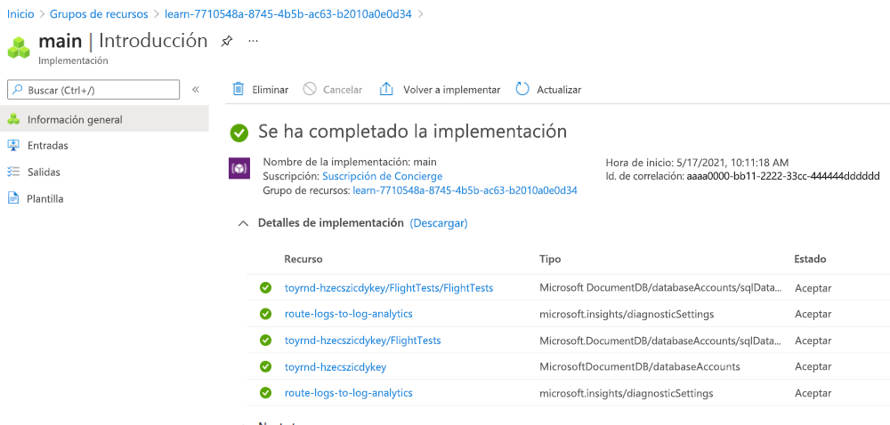 Screenshot of the Azure portal interface for the specific deployment, with the Azure Cosmos DB resources as well as two resources with type Microsoft.Insights/diagnosticSettings.