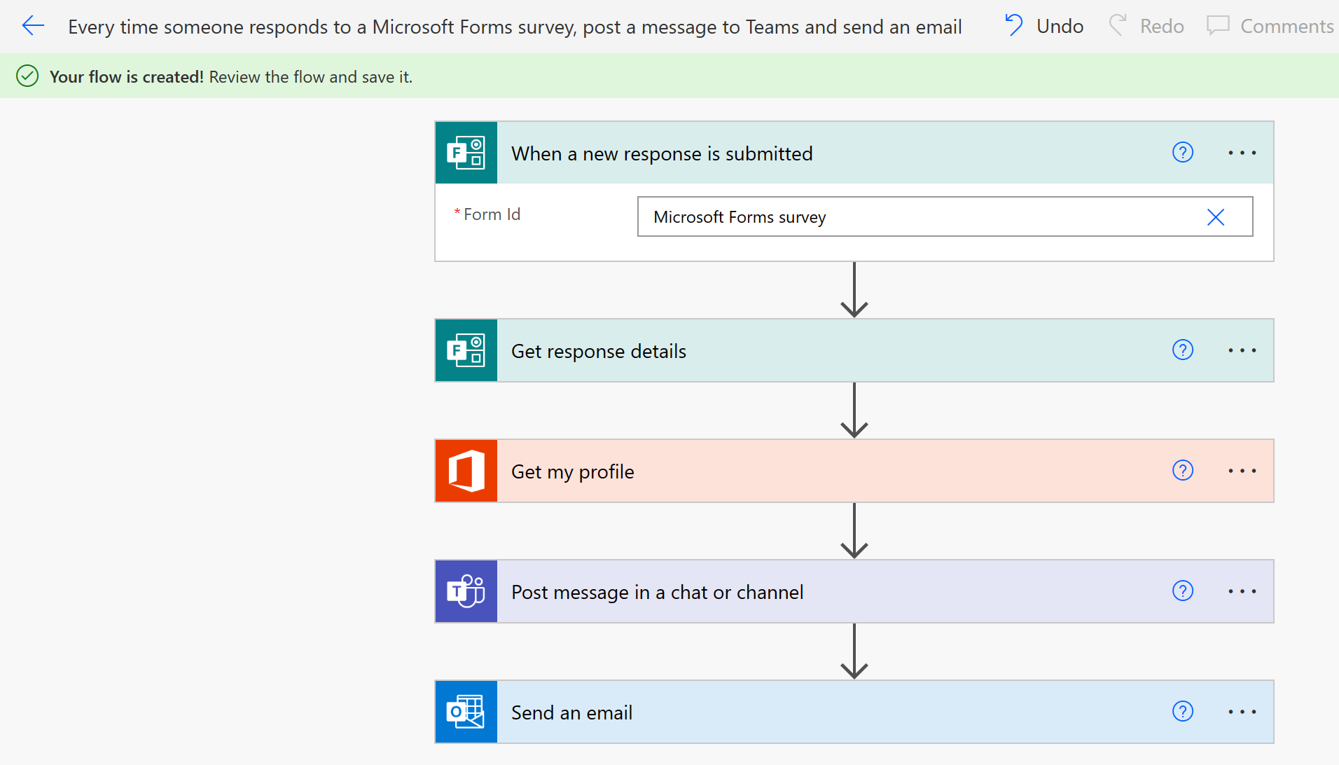 Captura de pantalla del diseñador de Microsoft Power Automate, en el que puede verse un flujo de trabajo con un desencadenador de archivo, una acción de Office para obtener un perfil de usuario y una acción de Outlook para enviar un correo electrónico