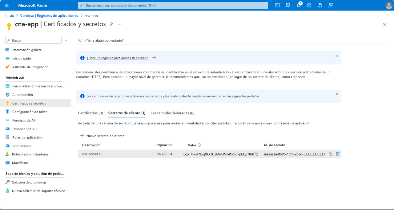 Captura de pantalla del valor del secreto de cliente en la hoja Certificados y secretos de cna-app en Azure Portal