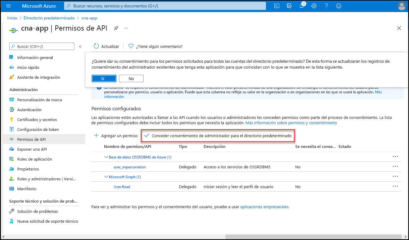 Captura de pantalla de la hoja Permisos de API de cna-app en Azure Portal, con el mensaje para confirmar la concesión del consentimiento del administrador