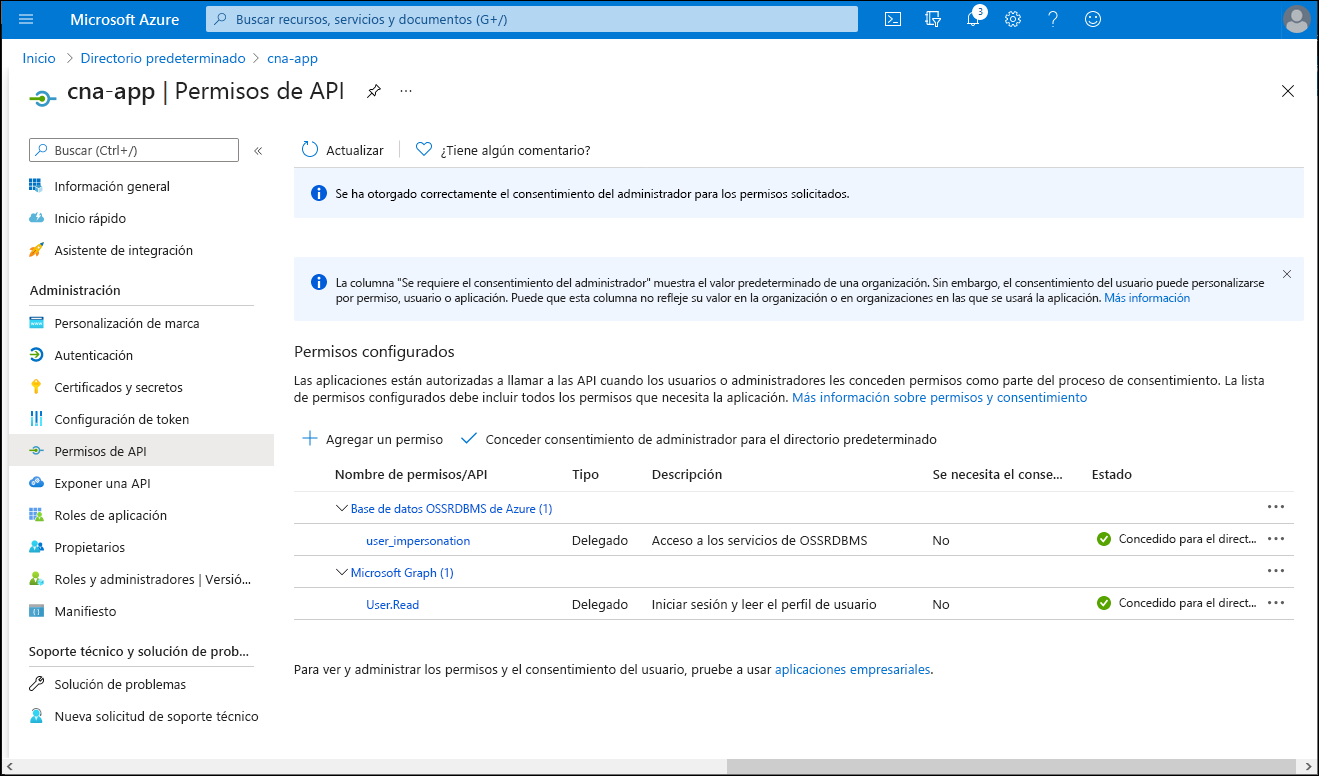 Captura de pantalla de la hoja Permisos de API de cna-app en Azure Portal, con el consentimiento y los permisos concedidos