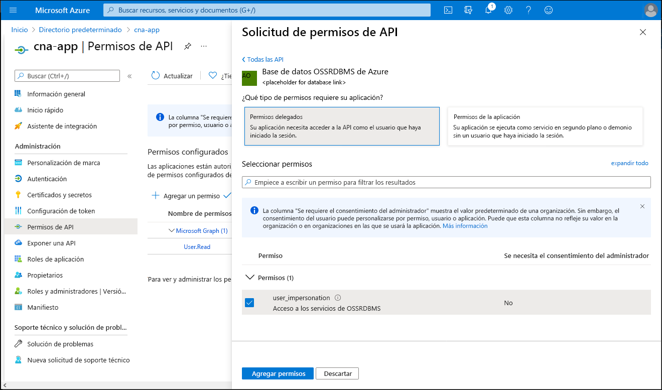 Captura de pantalla de la hoja Solicitud de permisos de API en Azure Portal, con la opción Permisos delegados seleccionada