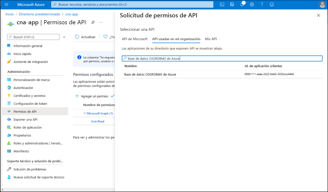 Captura de pantalla de la hoja Solicitud de permisos de API en Azure Portal