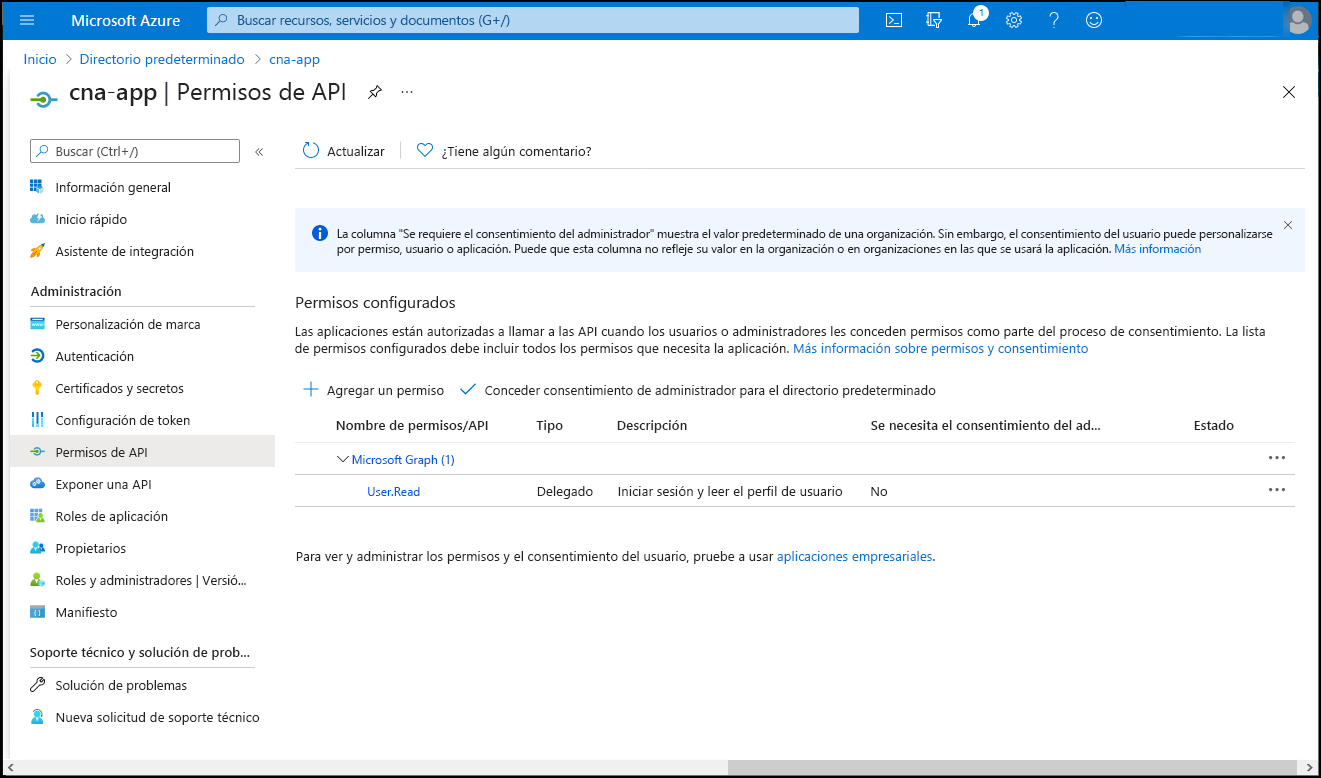 Captura de pantalla de la hoja de permisos de API de cna-app en Azure Portal