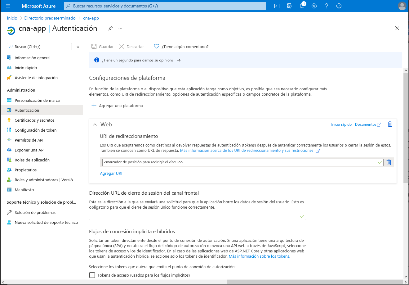 Captura de pantalla de la hoja Autenticación de cna-app en Azure Portal