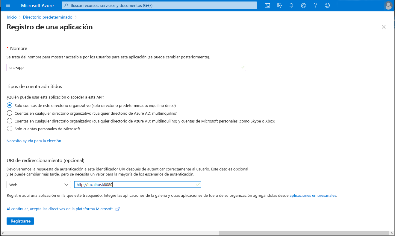 Captura de pantalla de la hoja Registrar una aplicación en Azure Portal