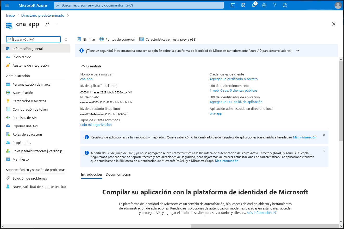 Captura de pantalla de la hoja cna-app de Azure Portal