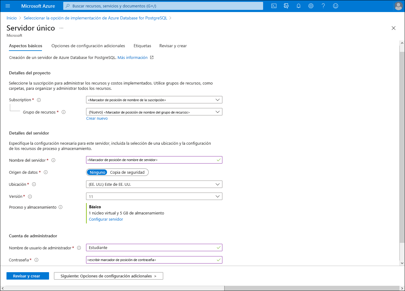 Captura de pantalla de la pestaña Básico de la hoja del servidor en Azure Portal