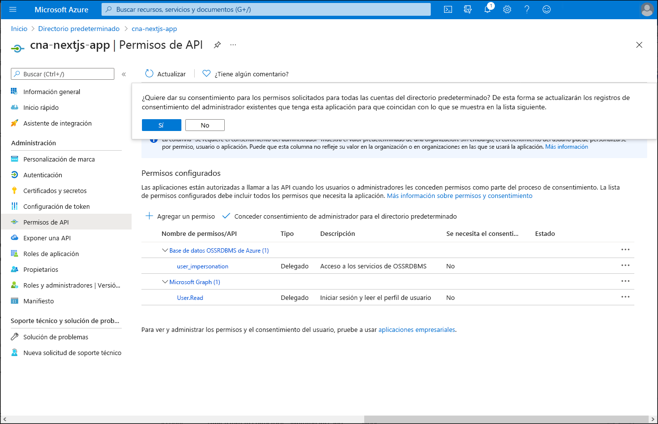 Captura de pantalla de la hoja Permisos de API de cna-nextjs-app en Azure Portal, con el mensaje para confirmar la concesión del consentimiento del administrador