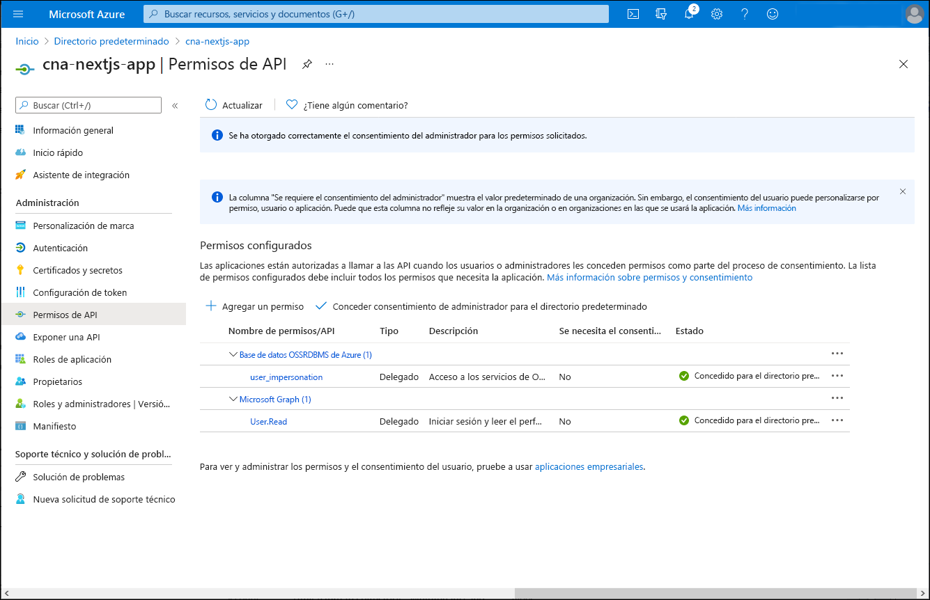 Captura de pantalla de la hoja Permisos de API de cna-nextjs-app en Azure Portal, con el consentimiento y los permisos concedidos