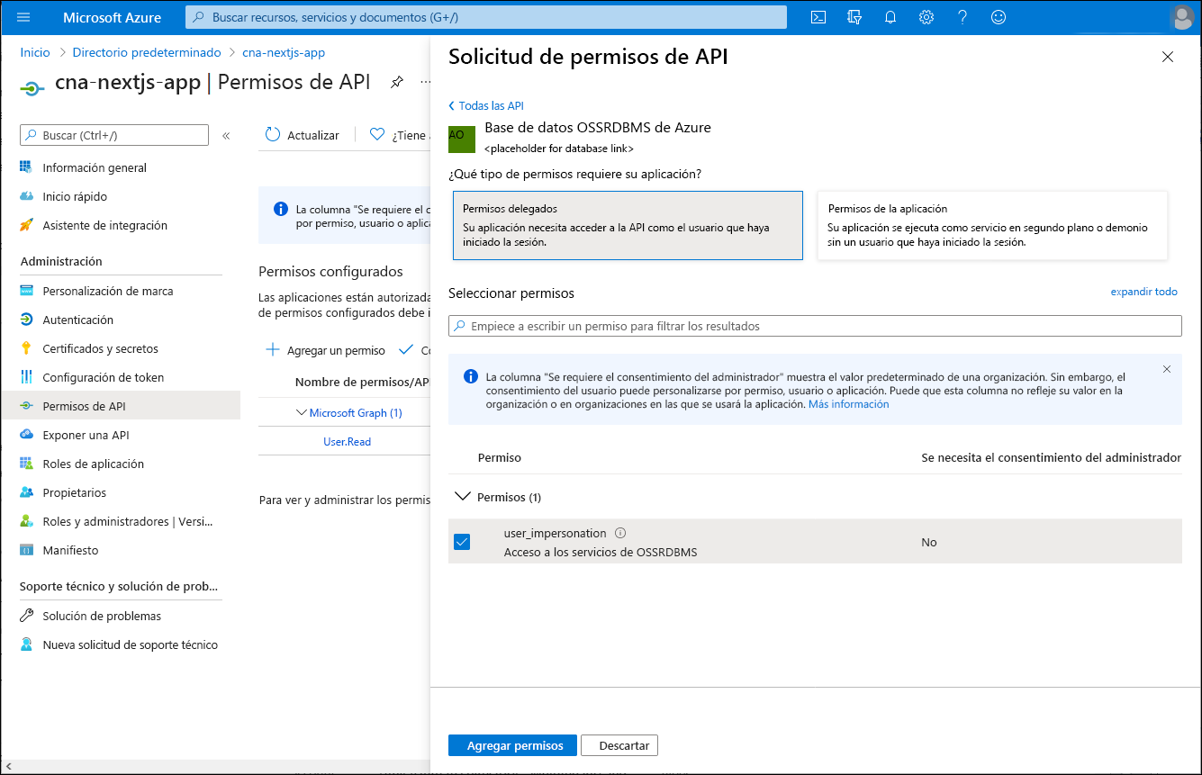 Captura de pantalla de la hoja Solicitud de permisos de API en Azure Portal, con la opción Permisos delegados seleccionada