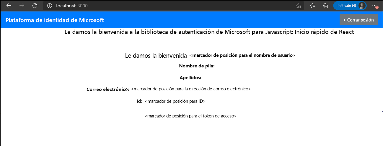 Captura de pantalla de la página de Bienvenida de la biblioteca de autenticación de Microsoft para JavaScript (inicio rápido de React) con la información del perfil adatumuser1.