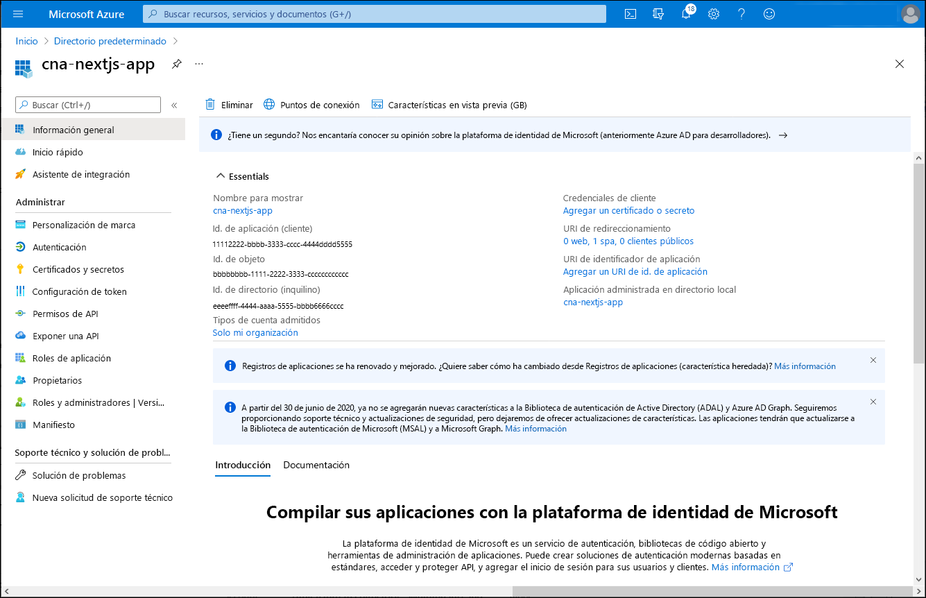 Captura de pantalla de la hoja cna-nextjs-app de Azure Portal