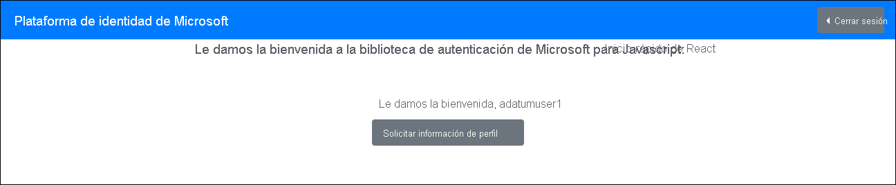 Captura de pantalla de la página de Bienvenida de la biblioteca de autenticación de Microsoft para JavaScript (inicio rápido de React) con el botón de solicitud de información del perfil.