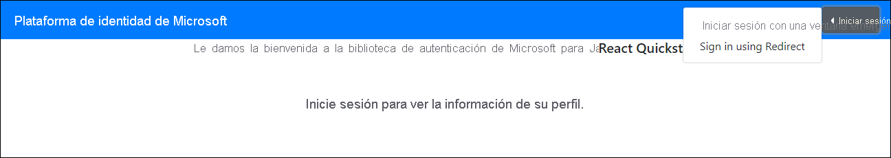 Captura de pantalla de la página de Bienvenida de la biblioteca de autenticación de Microsoft para JavaScript(inicio rápido de React) con la opción de menú de inicio de sesión mediante elemento emergente.