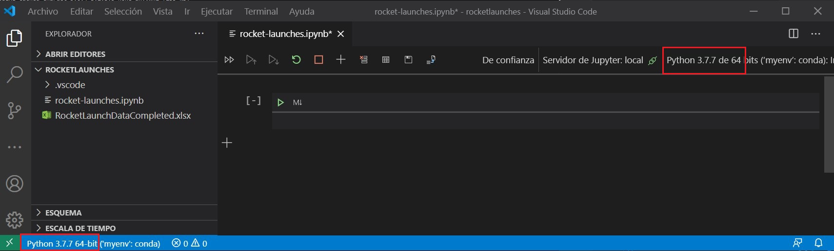 Captura de pantalla en la que se muestra Visual Studio Code con el entorno Anaconda.