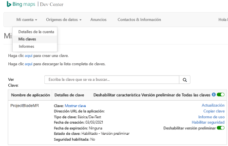 Captura de pantalla del portal del centro de desarrollo de Mapas de Bing con la página Mis claves seleccionada en la que se muestran los detalles de la clave de desarrollador.