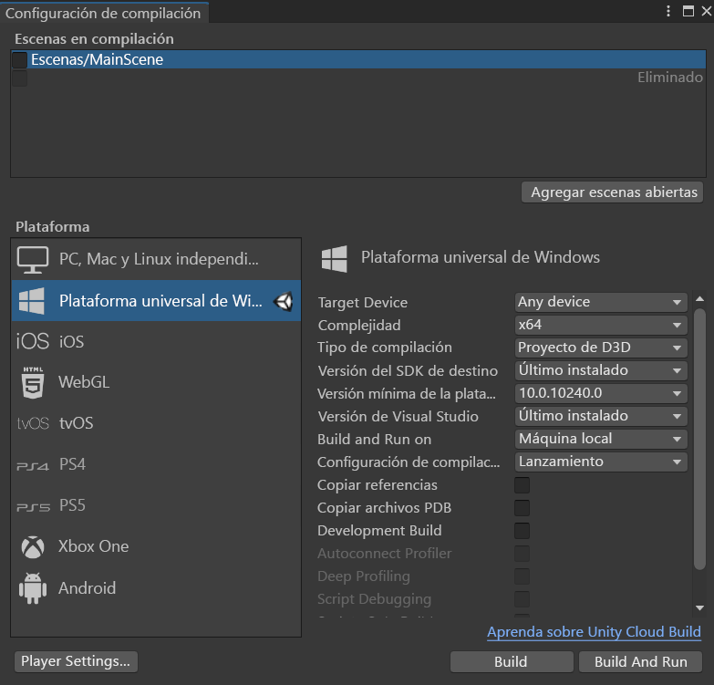 Captura de pantalla de la ventana de configuración de compilación de Unity con la escena principal y las opciones de la Plataforma universal de Windows resaltadas.