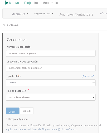 Captura de pantalla del portal del centro de desarrollo de Mapas de Bing con la página Mis claves seleccionada en la que se muestran los campos de propiedades de creación de claves.