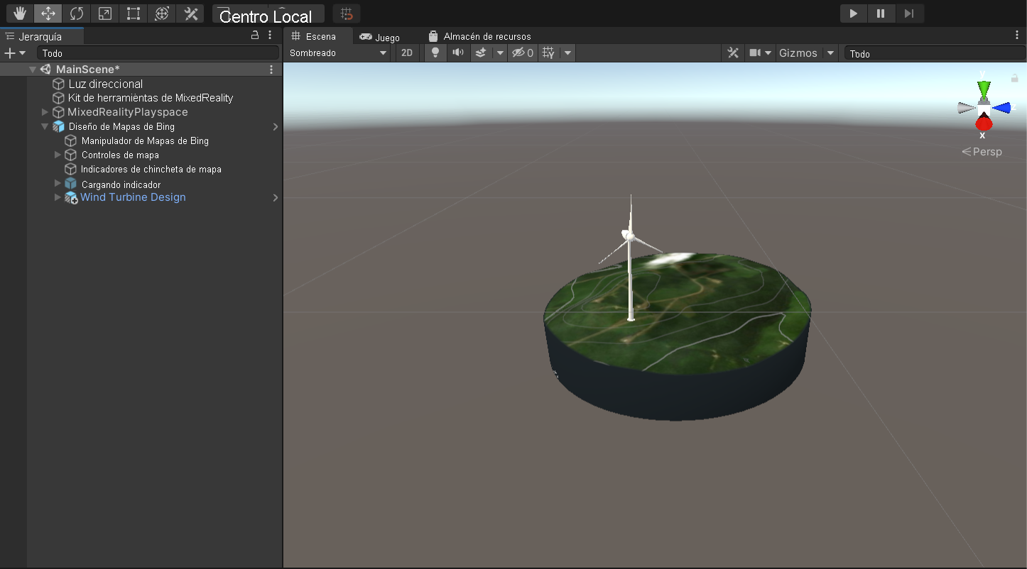 Captura de pantalla de las ventanas de jerarquía y escena de Unity con el objeto Prefab de diseño de Mapas de Bing a la vista.