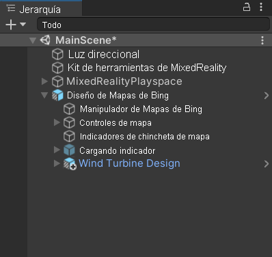 Captura de pantalla de la ventana de jerarquía de Unity con la escena principal seleccionada y el objeto secundario de diseño de Mapas de Bing expandido.