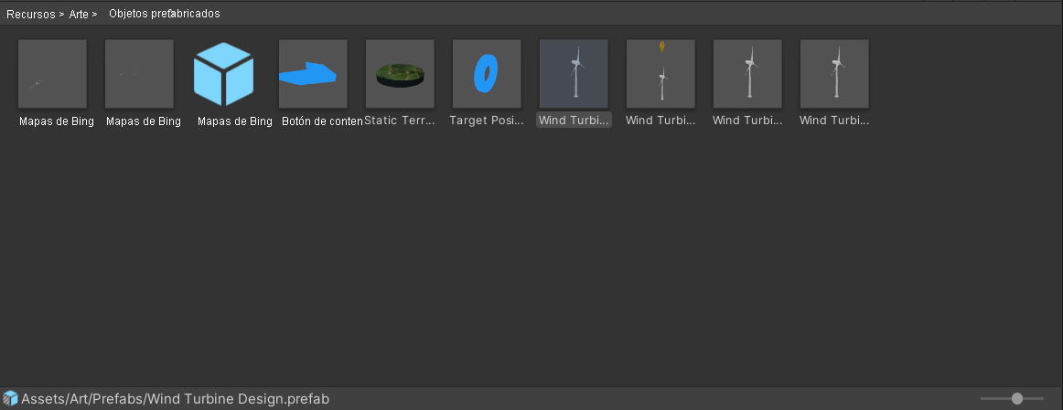 Captura de pantalla del panel del proyecto de Unity con la subcarpeta prefabs seleccionada.