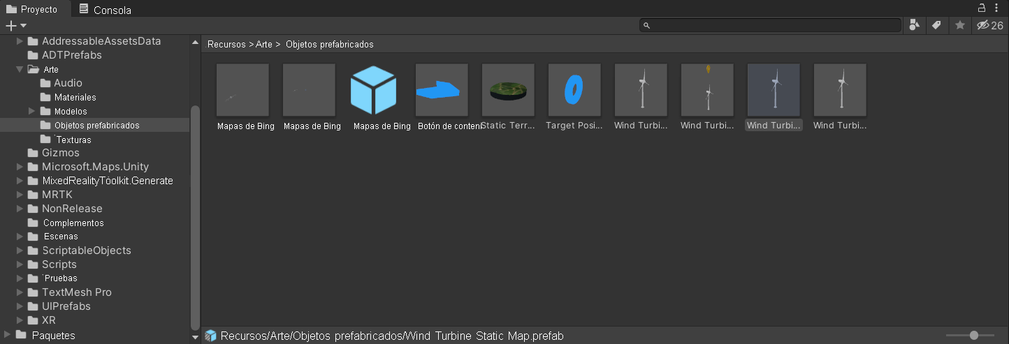 Captura de pantalla del panel del proyecto de Unity con la carpeta art abierta con la subcarpeta prefabs seleccionada.