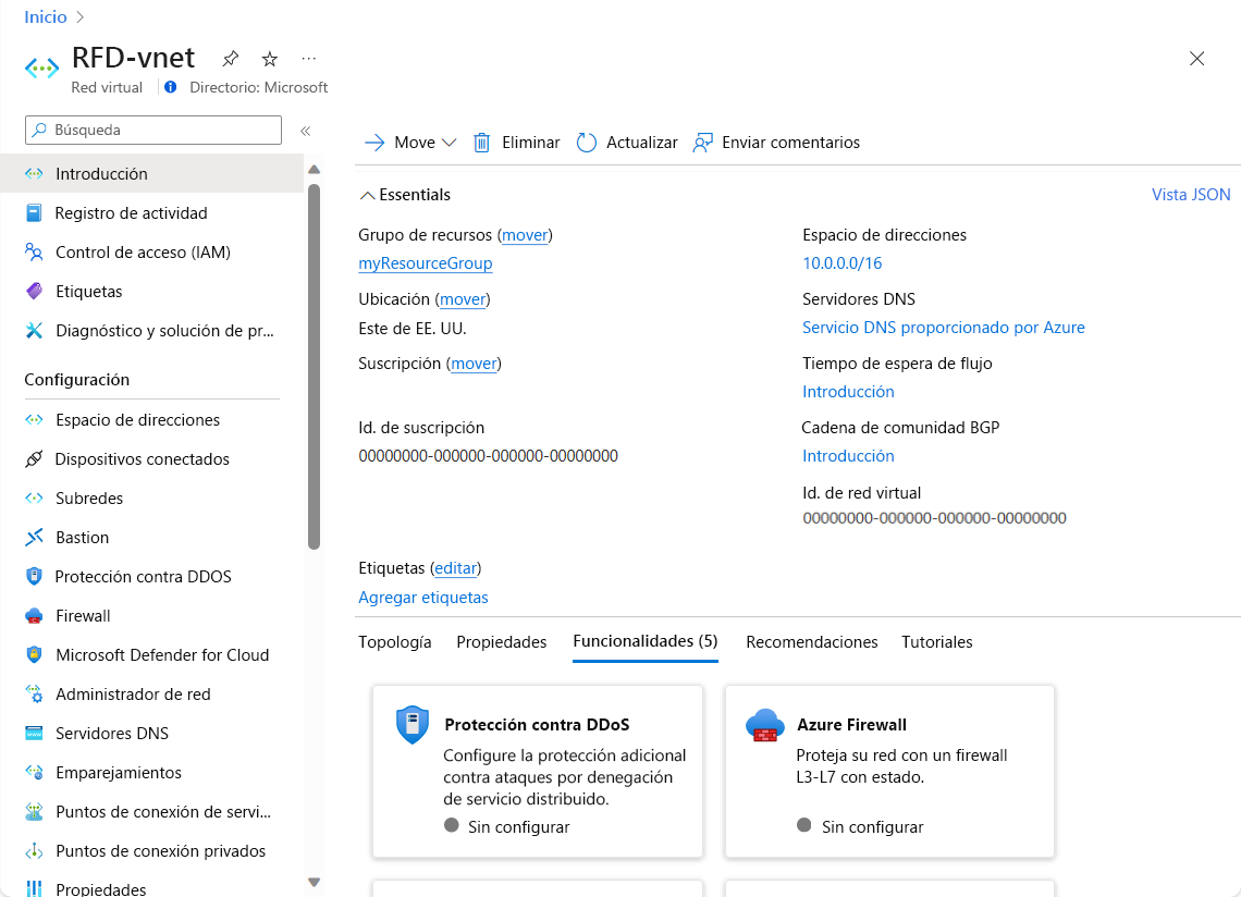 Screenshot of the Azure portal showing an example pane for configuring a virtual network.