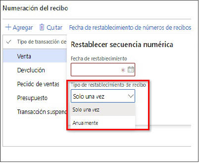 Captura de pantalla de la cuadrícula de numeración de recibos de Dynamics 365 Commerce.