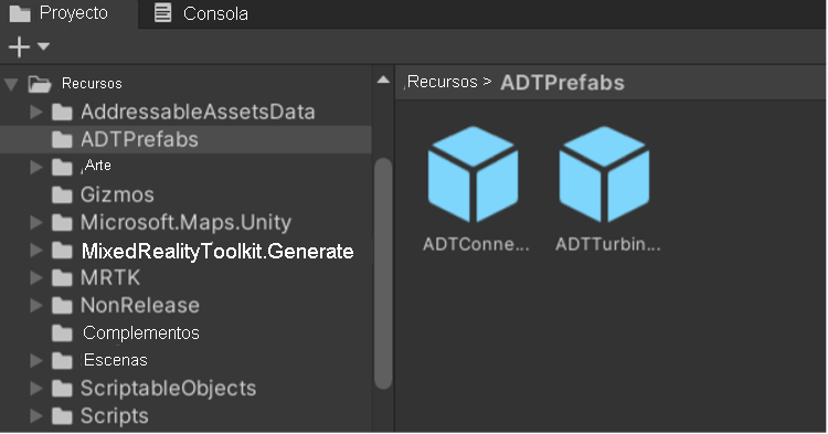 Captura de pantalla de los objetos Prefab de ADT en el panel del proyecto de Unity.