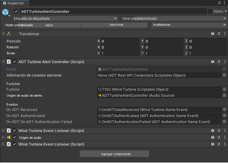 Captura de pantalla del controlador de alertas de turbina de ADT en el Inspector de Unity.