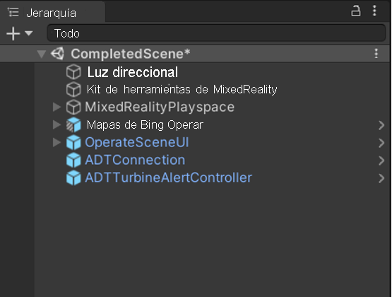 Captura de pantalla de los objetos Prefab de ADT en el panel Jerarquía de Unity.