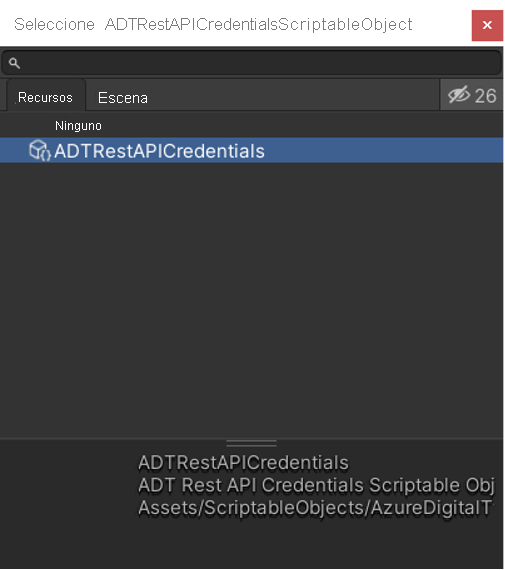 Captura de pantalla del objeto Scriptable de credenciales de la API de REST de ADT en la carpeta de recursos de Unity.