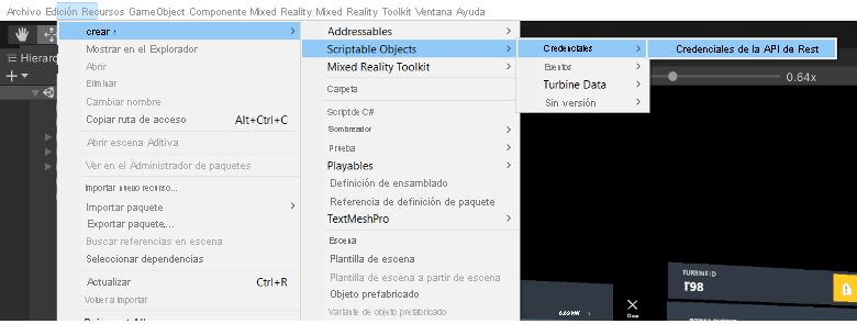 Captura de pantalla del menú de recursos de Unity abierto en el que se muestra la selección del menú Crear > ScriptableObjects > Credenciales > Credenciales de API de REST de ADT.