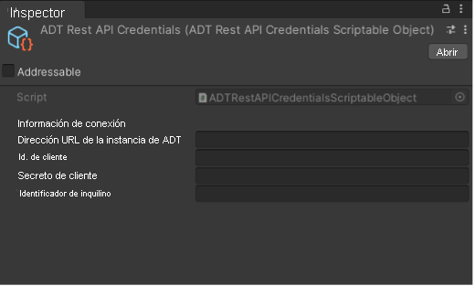 Captura de pantalla de las credenciales de la API de REST de ADT en el inspector.