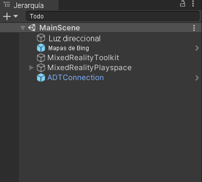 Captura de pantalla de la jerarquía de Unity con la escena principal resaltada.