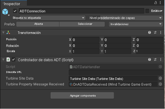 Captura de pantalla del inspector de Unity con el objeto Prefab de controlador de alertas de turbina de ADT seleccionado.