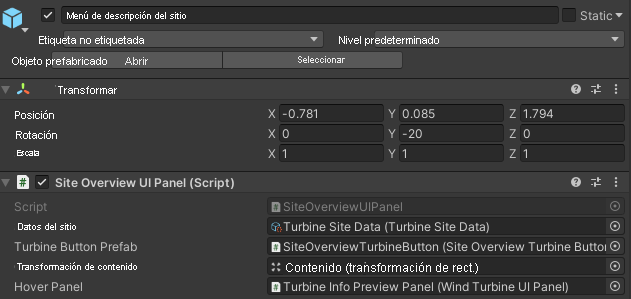 Captura de pantalla del editor de Unity con el objeto prefabricado de interfaz de usuario de la escena de operación en la escena principal, con el objeto prefabricado de la interfaz de usuario más cerca del terreno.