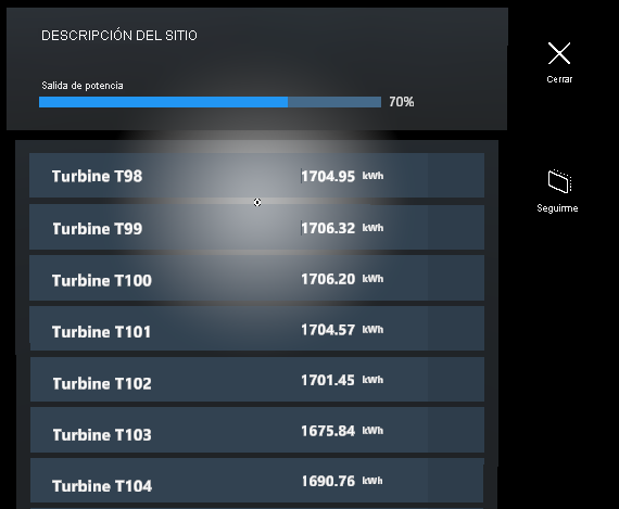 Captura de pantalla del menú de información general del sitio en HoloLens 2 en el que se muestran datos de las turbinas.