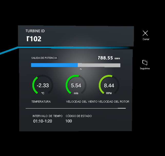 Captura de pantalla de un único panel de información en el que se muestran los datos de las turbinas en HoloLens 2.