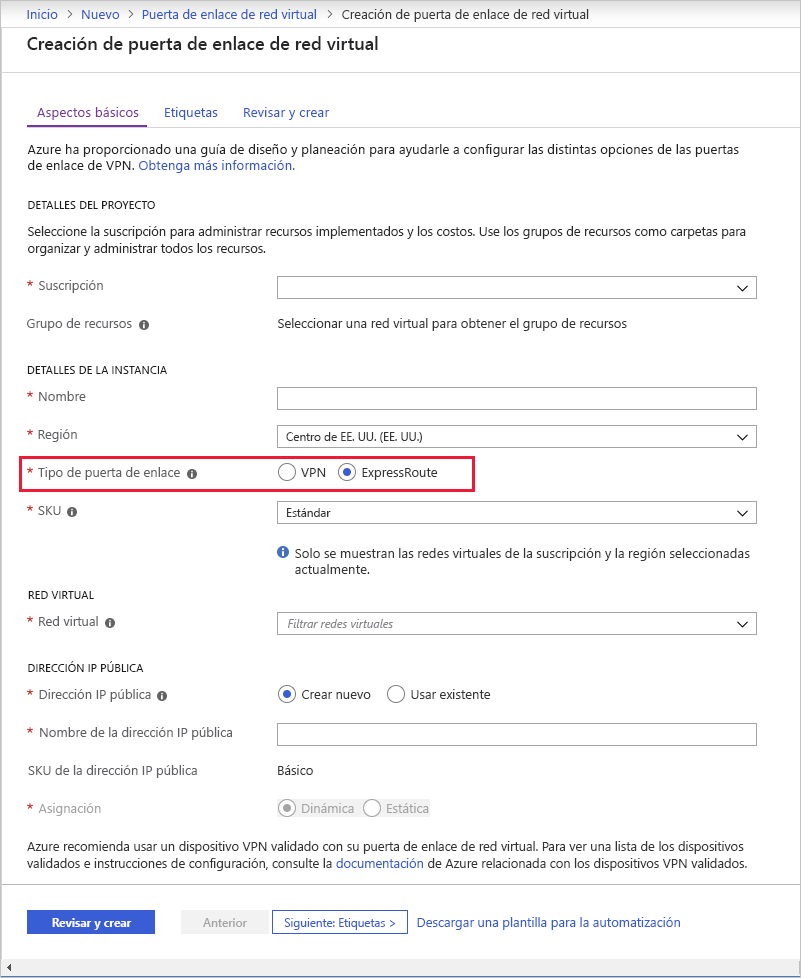 Screenshot of creating a virtual network gateway with the gateway type set to ExpressRoute.