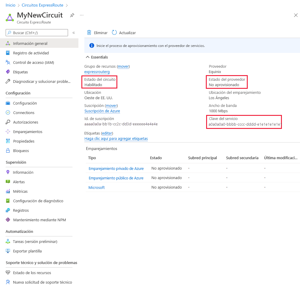 Screenshot of provisioning a circuit by using the Azure portal.