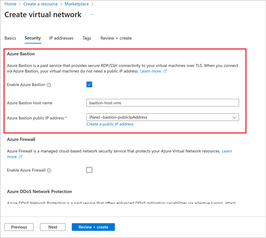 Captura de pantalla de la pestaña Seguridad que permite habilitar y configurar el host de Azure Bastion en el flujo de trabajo para crear una red virtual.