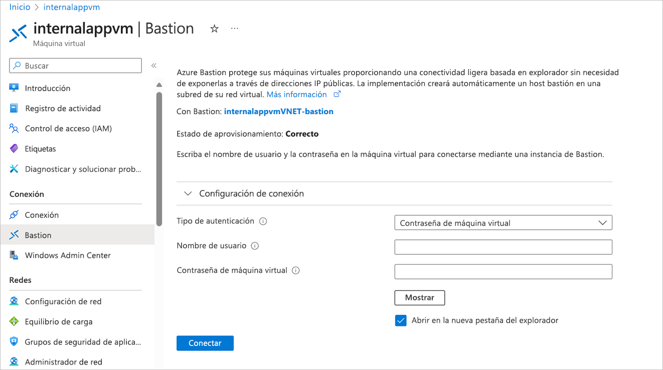 Captura de pantalla de la página Conectar mediante Azure Bastion con un mensaje de solicitud del nombre de usuario y el tipo de autenticación.