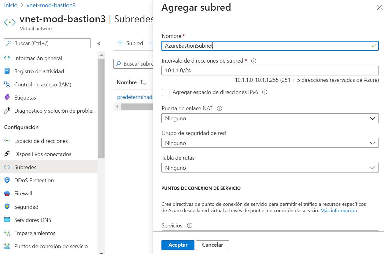 Captura de pantalla de la página para agregar una subred, donde el nombre de la subred es AzureBastionSubnet.